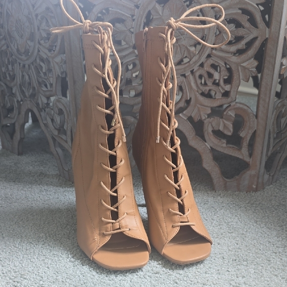 Tan Lace-Up Peep Toe Heeled Boots - Picture 2 of 5